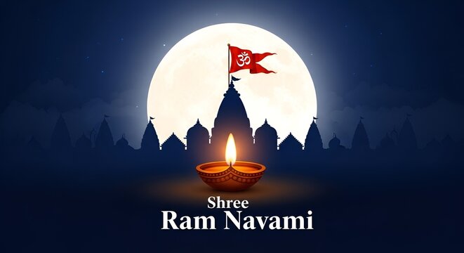shree ram navami wishes card with temple and diya