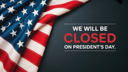 Obraz premium An American flag elegantly drapes beside a clear message about being closed on President's Day.