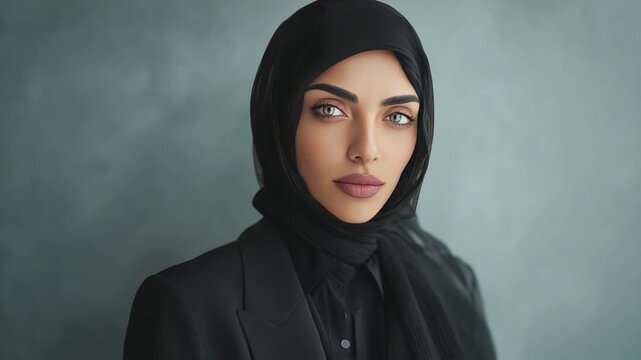 Elegant Woman in Headscarf: A striking portrait of a woman of Arab descent, gracefully adorned in a black headscarf, exuding a sense of modern style and cultural pride.