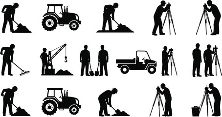 Construction and Survey Workers Silhouette Collection with Tractor Crane Shovel and Measuring Equipment Vector Set © Monteza
