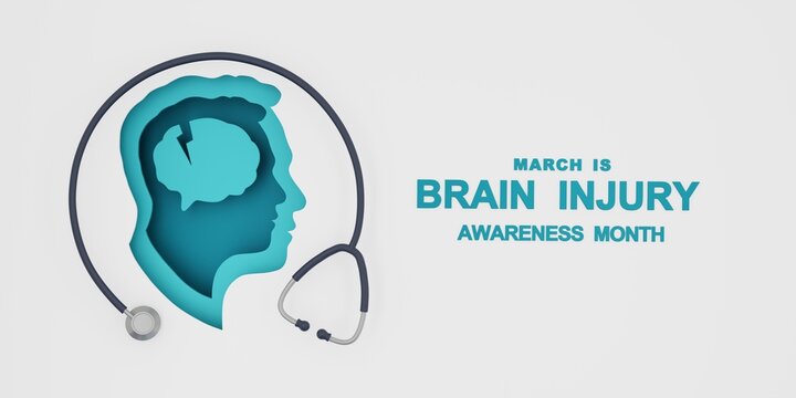 The concept of Traumatic Brain Injury Awareness Month. A silhouette of a human head with a traumatic brain injury and a stethoscope symbolize mental health and neurological care.

