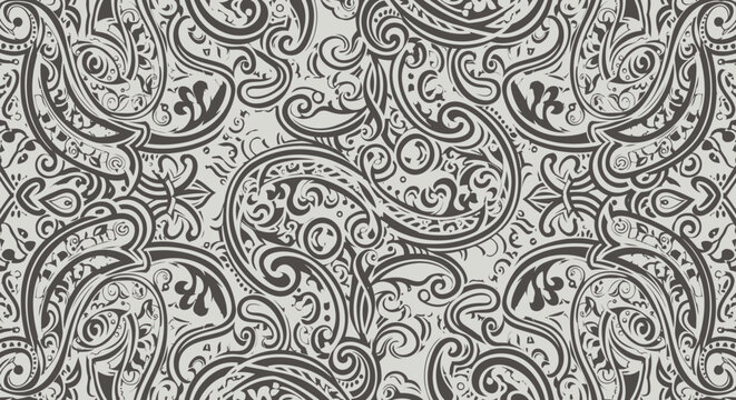 Intricate black and white paisley pattern with ornate swirls and arabesque flourishes.