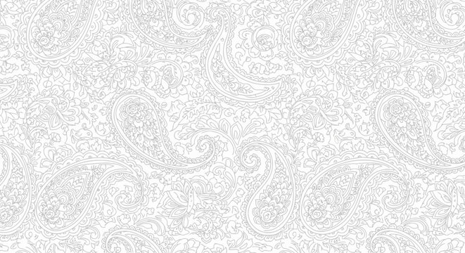 Intricate black and white paisley pattern with ornate swirls and arabesque flourishes.