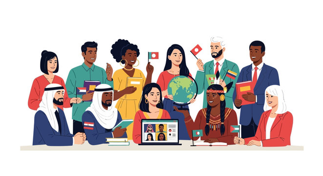 Diverse group of people from different cultures collaborating globally