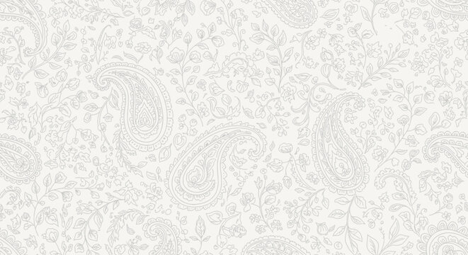 Intricate black and white paisley pattern with ornate swirls and arabesque flourishes.