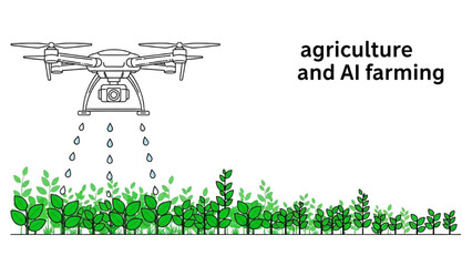 Black outline art of drone watering green plants, precision agriculture and AI farming concept
