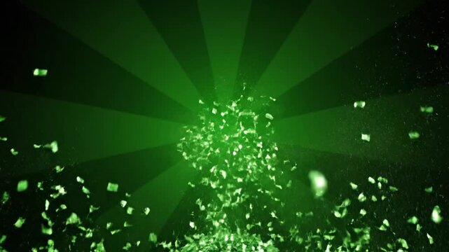 Vibrant green particles exploding dynamically on dark abstract background