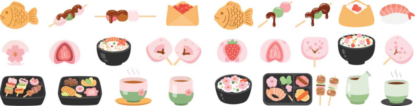 Japanese Spring Food Festival and Hanami Picnic Illustration Set with Sakura Mochi, Dango, Sushi, and Bento