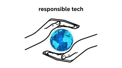 Black outline art of hands forming protective shield around blue digital globe, responsible tech theme