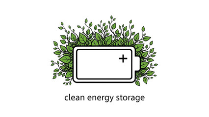 Black outline art of battery icon growing green leaves from edges, clean energy storage concept