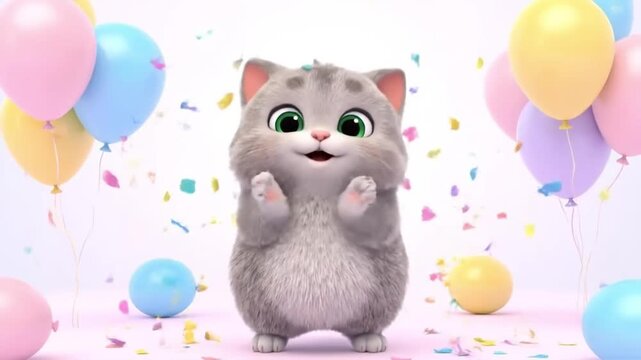 Dancing Cat Animation featuring a cheerful hamster amid colorful balloons and confetti, front-view, cartoon style, festive celebration