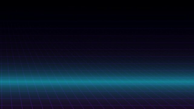 Retro Futuristic Grid Landscape with Neon Horizon and Dark Sky.
