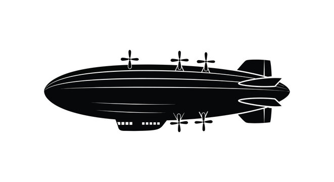 A striking black silhouette depicts a vintage airship with gondolas suspended beneath evoking a bygone era silhouette high quality
