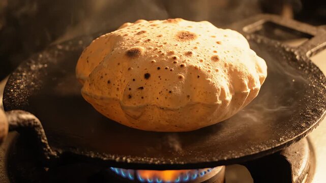 Golden Brown Chapati Puffing Up on Hot Griddle Over Blue Gas Flame Detailed Close Up