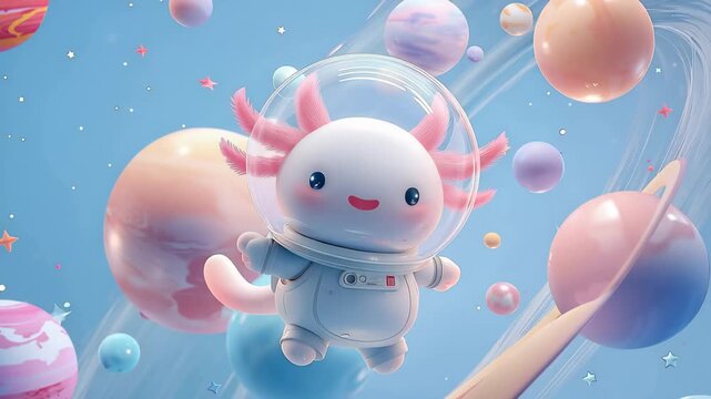 Cute character in space suit floats among colorful planets and stars in a bright background during an imaginary adventure in the cosmos