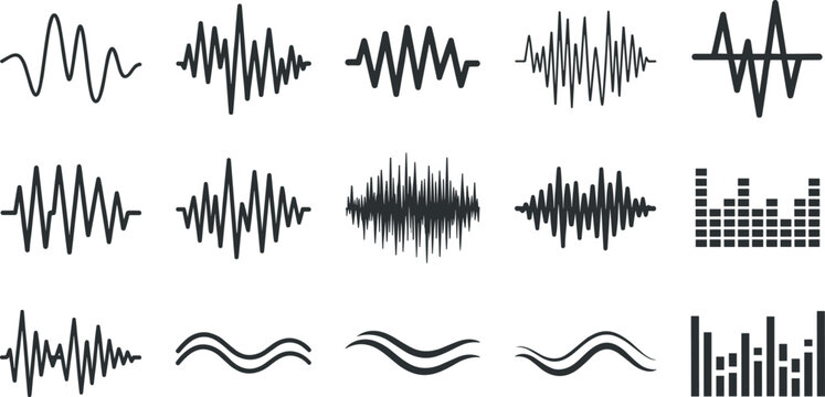 Audio waveform and sound signal vector set featuring music waves, voice frequencies, equalizer bars, and abstract sound visualizations for media and recording projects