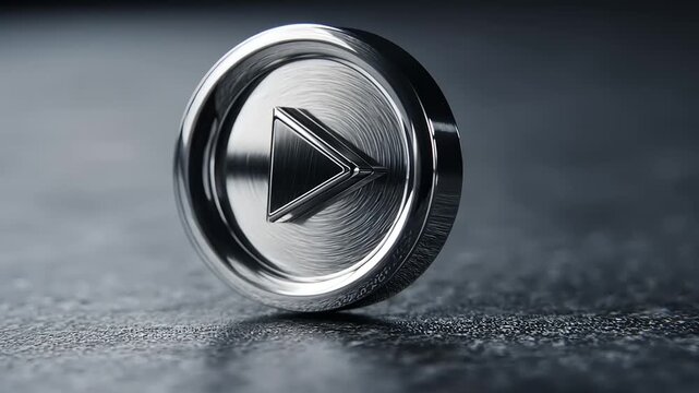 Metal Play Button Rotating on Dark Surface.