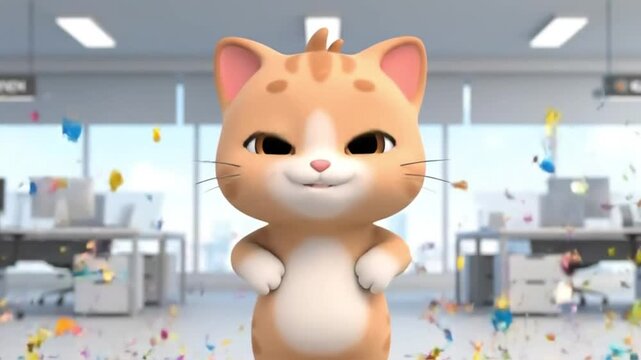 Dancing Cat Animation Celebrates in Modern Office, Confetti-Filled, Playful Mood, Standing on Hind Legs, Bright Lights, Cheerful Atmosphere