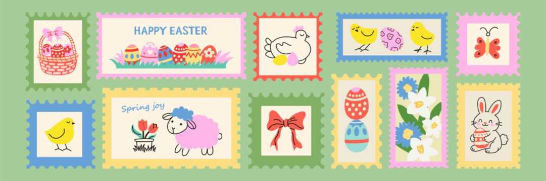 Cute Easter postage stamp sticker set with bunny, chick, eggs and spring flowers. Hand drawn pastel illustrations for greeting cards and banners.