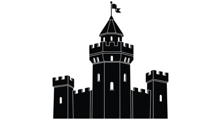 A striking black silhouette depicts a medieval castle with a prominent tower and fluttering flag silhouette high quality professional © Tushar02