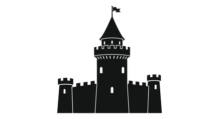 A striking black silhouette depicts a medieval castle tower with a flag showcasing detailed battlements and a distinct silhouette © Tushar02