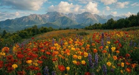 Naklejka premium vibrant wildflower meadow with majestic mountain range under a blue sky.