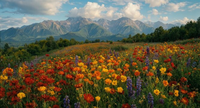 vibrant wildflower meadow with majestic mountain range under a blue sky.