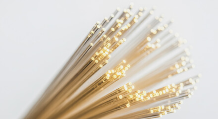 Glowing Fiber Optic Cables Detail on White Background, Representing High-Speed Data, Telecommunication, and Modern Digital Network Technology