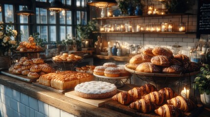 Cozy European bakery shopfront with fresh pastry and soft warm light.