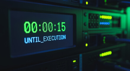 Digital Countdown Timer on Server Display: 15 Seconds Until Execution in a Dark Server Room, Showing Critical System Alert and Impending Deadline for Data Processing or Network Operation