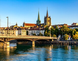 Obraz premium Cityscape along water bridge, church spires, buildings, and trees basked in warm sunlight