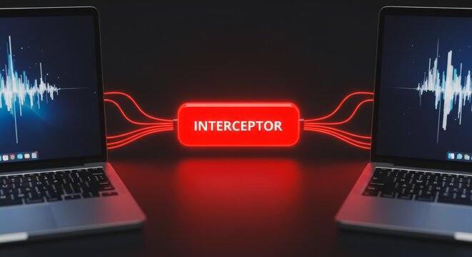 Man-in-the-Middle Attack: Data Interception Illustrated by Laptops Connected to a Red Interceptor Device, Signaling Cyber Security Threat and Digital Surveillance