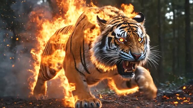 Fierce tiger running through a fiery forest scene