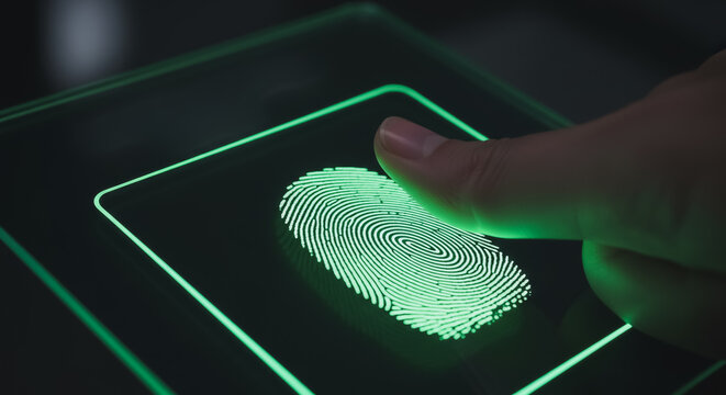 Fingerprint scanner with glowing green biometric identifier for secure access control, digital identity verification, modern technology, and data protection. Person's finger pressing on touch screen.