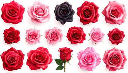 A vibrant collection of realistic, blooming roses in various hues of red, pink, and black, against a clean white backdrop