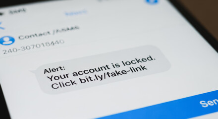 Obraz premium Phishing Scam Alert: Account Locked Notification on Smartphone Screen with Fake Link in Text Message for Online Security Threat and Identity Theft Risk