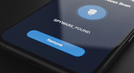 Smartphone Screen Displaying 'SPYWARE_FOUND' Alert and 'Remove' Button for Mobile Cybersecurity, Digital Threat Detection, and Data Protection.