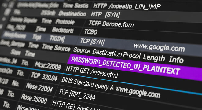 Cybersecurity Vulnerability: 'PASSWORD_DETECTED_IN_PLAINTEXT' Alert on Network Traffic Monitoring Screen, Illustrating Data Breach Risk and Digital Security Threat