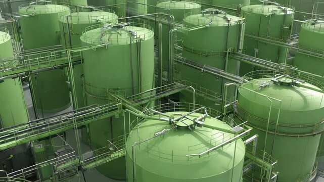 Industrial Storage Tanks: Large Metal Tanks with Piping and Platforms in a Manufacturing Facility, Engineering and Chemical Processing.