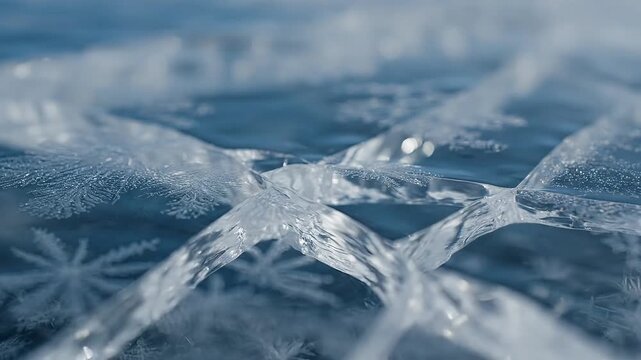 Close up of frosty ice texture with intricate snowflake patterns and sparkling crystals on a frozen surface