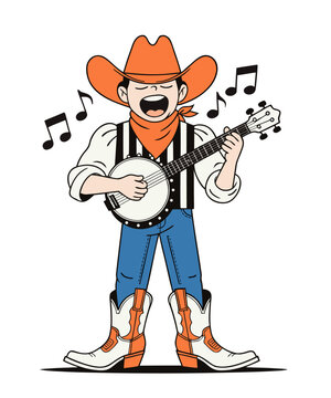 Cartoon cowboy playing banjo and singing, colorful vector illustration isolated on white background, western country music concept.