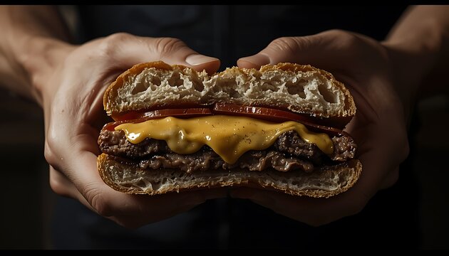 A person holding a juicy cheeseburger with both hands in a dark setting.
