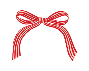 Hand-drawn red striped bow illustration on a white background. Cute, elegant, isolated design element perfect for cards, invitations, packaging, and decorative projects.