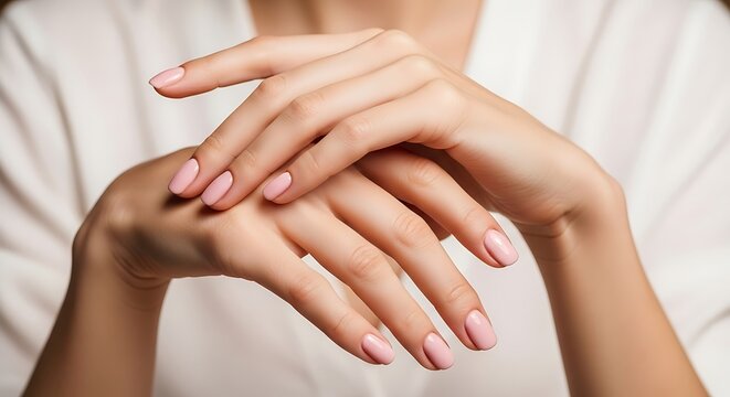 Delicate hands with perfect pink manicured nails rest gracefully.