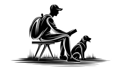 Fototapeta premium Man with dog reading book on bench in grassy park
