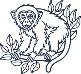Obraz premium Monkey sitting on tree branch surrounded by leaves line art illustration for coloring page