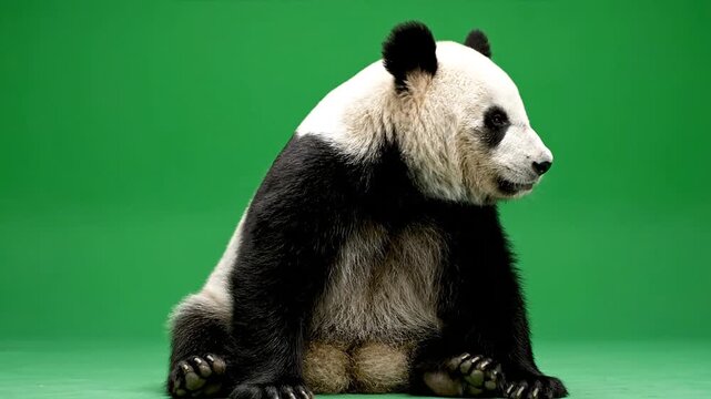 Giant Panda sitting in profile on a vibrant green background, a captivating wildlife portrait