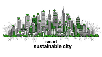 Black outline art of city skyline integrated with green solar panels and circuit grids, smart sustainable city concept