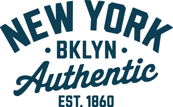 Retro New York BKLYN Authentic Est 1860 Typography Design with Navy Blue Arched Lettering and Script for Streetwear and NYC Souvenir Apparel