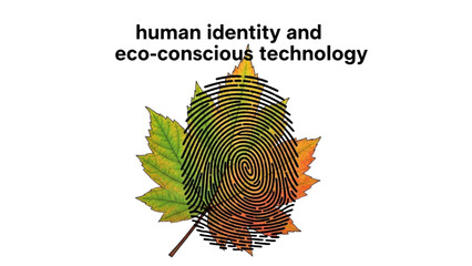 Black outline colorful art of black fingerprint blending into leaf texture, human identity and eco-conscious technology concept